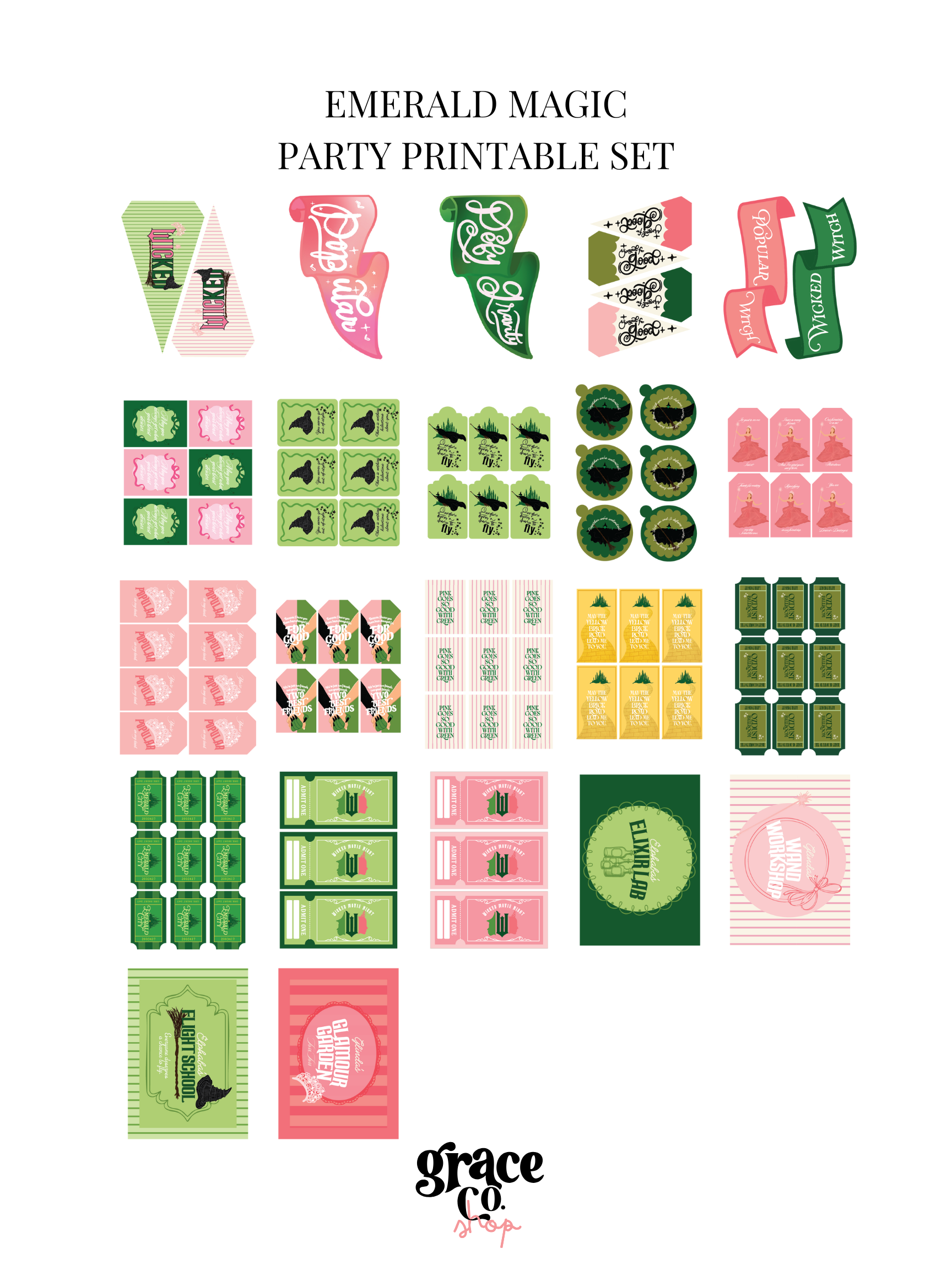Collection of green and pink party printable decorations with 'Emerald Magic' text and 'grace co' branding.