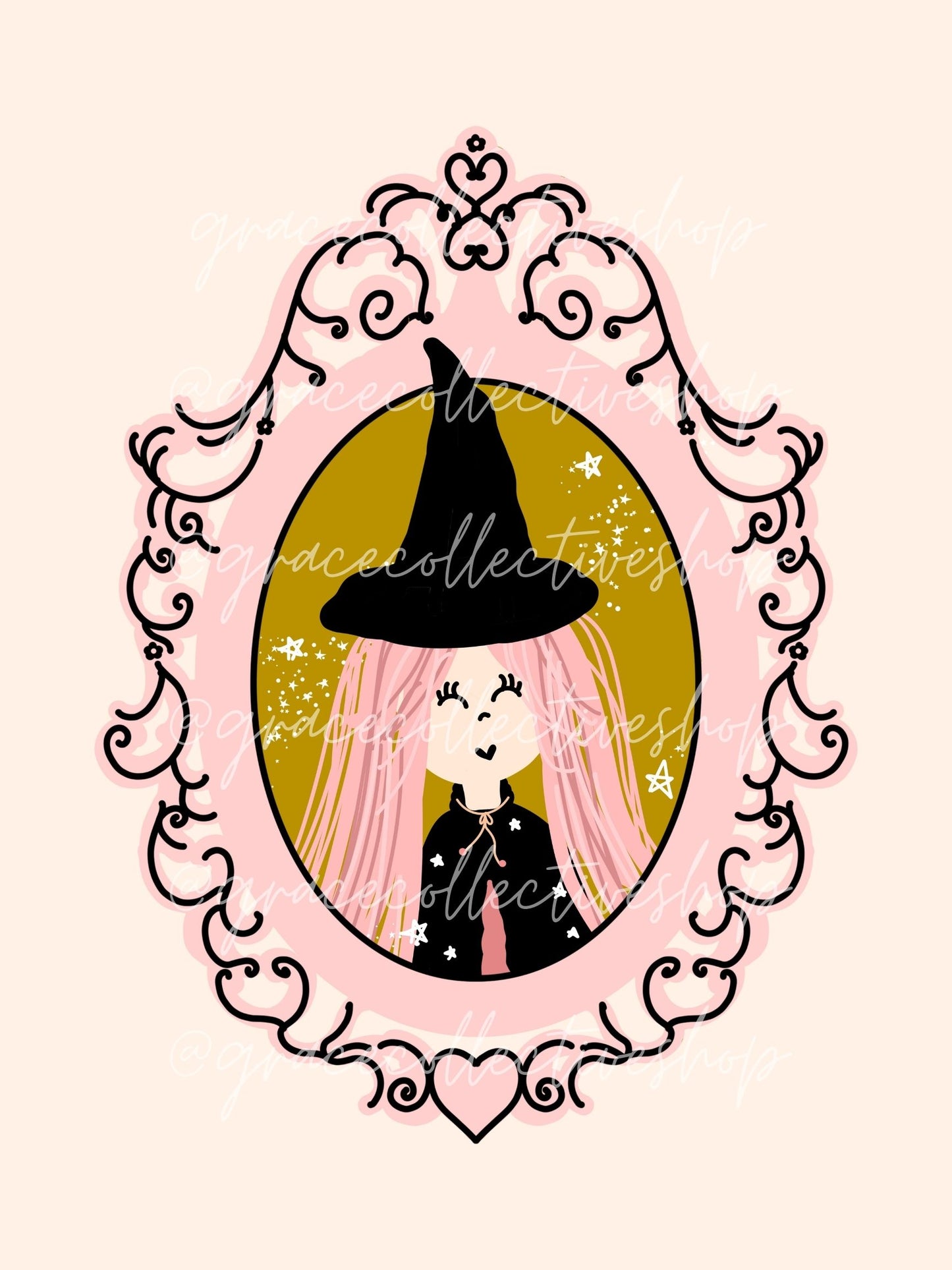 Personaje de Halloween en casa (dorado y rosa) | Arte imprimible