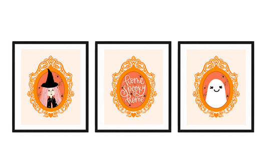 Personaje de Halloween en casa (coral y dorado) | Arte imprimible