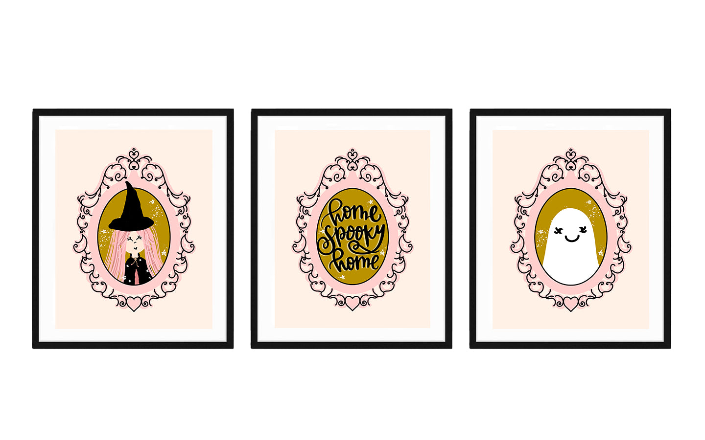 Personaje de Halloween en casa (dorado y rosa) | Arte imprimible
