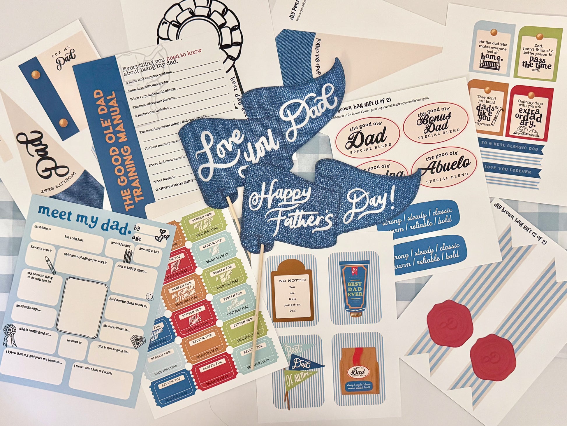 Collection of Father's Day-themed stationery items including cards, tags, and labels on a white background.
