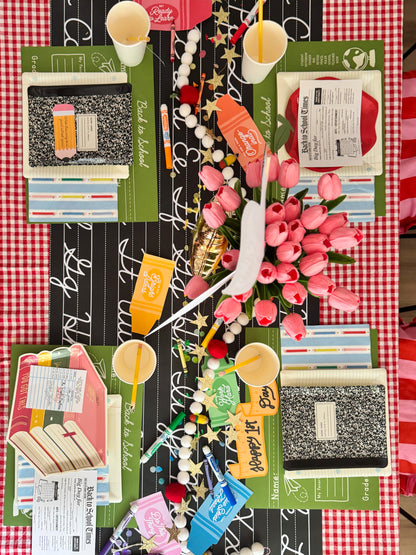 Collage of school-themed items including books, pencils, and flowers on a checkered tablecloth.