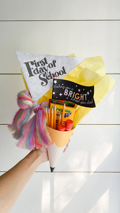 Groovy retro back to school printable party set with pennant flags, teacher tags and pencil party hats