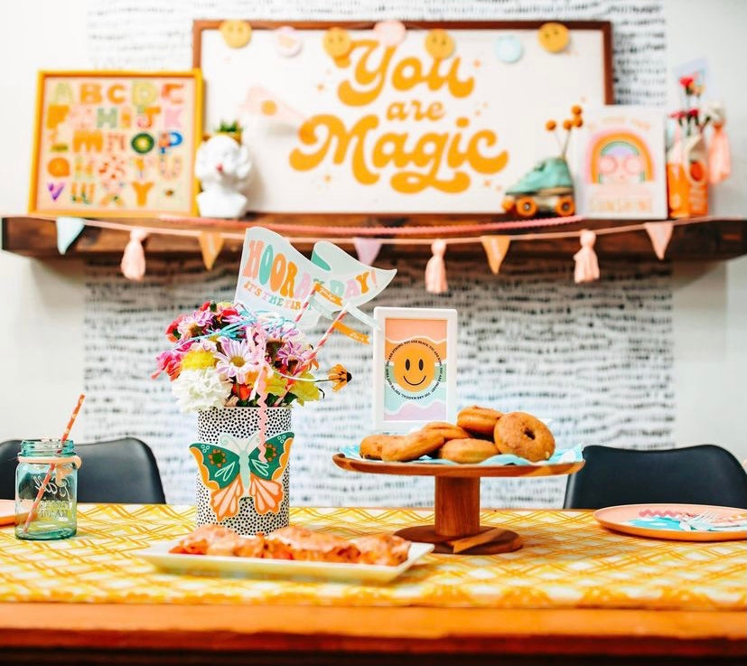 Groovy back to school printable party set – retro pennant flags and teacher tags