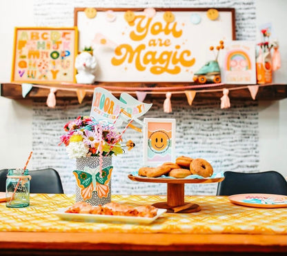 Groovy back to school printable party set – retro pennant flags and teacher tags