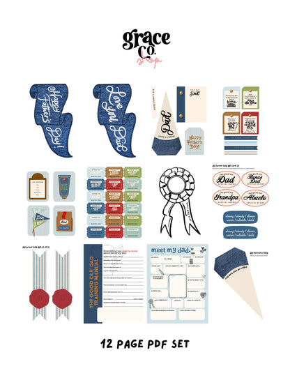 Collection of design elements and printables with 'grace co' branding on a white background.
