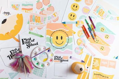 A collection of colorful printable back-to-school themed party hats and accessories, including pennants, garlands, and lunch box note mini prints.